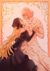 Rule 34 | 2girls, back, black dress, blonde hair, blush, colored skin, couple, cowboy shot, dress, dungeon meshi, eye contact, falin touden, falin touden (chimera), feathers, fur-trimmed dress, fur trim, highres, holding hands, hood, long hair, looking at another, marcille donato, medium hair, monster girl, multicolored skin, multiple girls, pointy ears, sitting, smile, sointuina, spoilers, two-tone skin, yuri