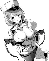 Rule 34 | 1girl, azur lane, azur lane: slow ahead, blush, breasts, chain, chapayev (azur lane), cleavage, clenched hands, closed mouth, gloves, greyscale, hat, highres, holding, holding chain, hori (hori no su), jacket, large breasts, mole, mole on breast, monochrome, official art, pantyhose, peaked cap, pleated skirt, short hair, skirt, smile, thigh strap