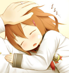 Rule 34 | 10s, 1boy, 1girl, admiral (kancolle), bandages, bandage on face, bandaid, bandaid on face, brown hair, diisuke, closed eyes, fang, hair ornament, hairclip, hand on another&#039;s head, ikazuchi (kancolle), jewelry, kantai collection, lap pillow, medal, open mouth, headpat, ring, short hair, sleeping, sleeping on person, sleeves past wrists, solo focus, wedding band, zzz