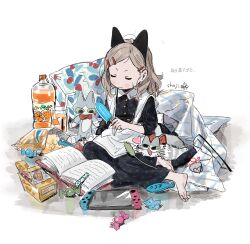 Rule 34 | 1girl, animal ear hairband, animal ears, apron, barefoot, black dress, blanket, blush, book, brown hair, candy, cat, cat ear hairband, cat ears, cat teaser, cheek bulge, chips (food), closed eyes, closed mouth, collared dress, dress, facing down, fake animal ears, food, full body, fusuma (nohbrk), hair ornament, hairband, hairclip, heart, highres, holding, holding food, holding popsicle, juice, long dress, long hair, open book, orange juice, original, parted bangs, patterned clothing, pillow, plaid blanket, popsicle, potato chips, sitting, sleeves rolled up, snack, solo, stuffed animal, stuffed cat, stuffed fish, stuffed toy, tongs, toy mouse, translation request, wavy hair, white apron, white background, wrapped candy, yokozuwari