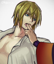 Rule 34 | 2boys, blonde hair, blue eyes, dash10, drooling, eizen (tales), finger in another&#039;s mouth, grey background, male focus, multiple boys, open clothes, open shirt, rokurou rangetsu, saliva, shirt, simple background, sleeve, solo focus, tales of (series), tales of berseria, twitter username, upper body, yaoi