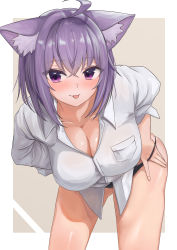 Rule 34 | 1girl, absurdres, animal ears, black panties, blush, breasts, cat ears, cat girl, cleavage, cowboy shot, dress shirt, hand in panties, highres, hololive, large breasts, leaning forward, looking at viewer, micon, nekomata okayu, panties, purple eyes, purple hair, shiny skin, shirt, skindentation, smile, solo, tongue, tongue out, underwear, virtual youtuber, white shirt