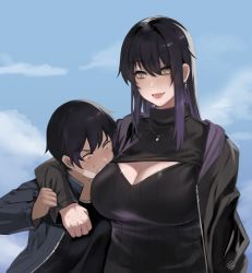 Rule 34 | 1boy, 1girl, age difference, black hair, black jacket, black sweater, blue sky, breasts, cleavage, cleavage cutout, clenched teeth, clothes grab, clothing cutout, cross, cross earrings, earrings, hunyan, jacket, jewelry, large breasts, long hair, necklace, open mouth, original, outdoors, short hair, sidelocks, sky, sleeve grab, sweater, teeth, turtleneck, turtleneck sweater, upper body, yellow eyes