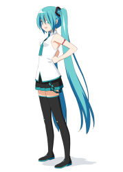 Rule 34 | 1girl, aqua eyes, aqua hair, aqua necktie, armpits, bare shoulders, black skirt, black thighhighs, boots, clenched hand, commentary, from side, full body, hair between eyes, hair ornament, hair over eyes, hand on own hip, hatsune miku, kani biimu, long hair, looking at viewer, miniskirt, necktie, open mouth, pleated skirt, shadow, shirt, shoulder tattoo, skirt, sleeveless, sleeveless shirt, smile, solo, tattoo, thigh boots, thighhighs, twintails, very long hair, vocaloid, lat model (mikumikudance), white background, white shirt, zettai ryouiki