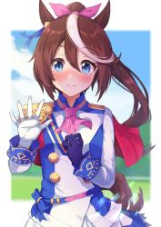 Rule 34 | 1girl, alisia0812, animal ears, ascot, asymmetrical gloves, black gloves, blue eyes, blush, brown hair, commentary request, epaulettes, gloves, high ponytail, highres, horse ears, horse girl, horse tail, jacket, long hair, long sleeves, looking at viewer, mismatched gloves, multicolored clothes, multicolored hair, multicolored jacket, pink ascot, single epaulette, solo, streaked hair, tail, tokai teio (umamusume), two-tone hair, two-tone jacket, umamusume, upper body, waving, white gloves, white hair, white jacket
