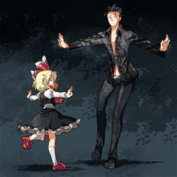 Rule 34 | 1boy, 1girl, :d, ^ ^, ascot, black hair, blonde hair, child, closed eyes, darkness, el shaddai, closed eyes, hair ribbon, height difference, lucifel (el shaddai), md5 mismatch, open mouth, outstretched arms, pants, red eyes, ribbon, rumia, shirt, short hair, skirt, skirt set, smile, spread arms, touhou, vest, yazumi (yazzz), yzy