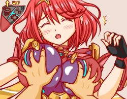 Rule 34 | 1boy, 1girl, armor, blush, grabbing another&#039;s breast, breast press, breasts, closed eyes, commentary request, controller, daitachan, deep skin, earrings, fingerless gloves, game controller, gem, gloves, grabbing, hair ornament, headpiece, huge breasts, jewelry, large breasts, lowres, nintendo, nintendo switch, pyra (xenoblade), red hair, short hair, shoulder armor, simple background, swept bangs, tiara, xenoblade chronicles (series), xenoblade chronicles 2