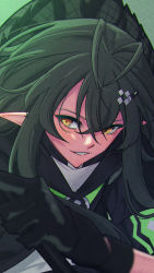 Rule 34 | 1girl, absurdres, antenna hair, arknights, black gloves, crocodilian tail, gavial (arknights), gloves, green hair, hair between eyes, highres, kimo suna, long hair, looking at viewer, parted lips, pointy ears, smile, solo, tail, upper body, very long hair, yellow eyes