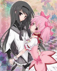 Rule 34 | 10s, 2girls, akemi homura, b-cat, black hair, blue eyes, bubble skirt, gloves, hand on another&#039;s chest, hand on back, holding hands, kaname madoka, layered sleeves, long hair, magical girl, mahou shoujo madoka magica, mahou shoujo madoka magica (anime), multiple girls, pantyhose, pink eyes, pink hair, short hair, short twintails, skirt, twintails