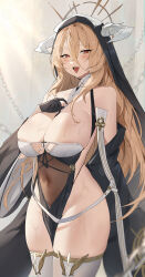 Rule 34 | 1girl, absurdres, azur lane, bare shoulders, between breasts, black gloves, blonde hair, breast cutout, breasts, chain, check commentary, clothes between thighs, commentary, commentary request, covered navel, cowboy shot, fake horns, framed breasts, gloves, habit, hair between eyes, half gloves, halo, highres, horns, huge breasts, implacable (azur lane), long hair, long sleeves, looking at viewer, nun, open mouth, pelvic curtain, red eyes, revealing clothes, see-through, skindentation, skyfracture, solo, sweat, thighhighs, tongue, tongue out, two-tone dress, veil, very long hair, wet, white horns, white thighhighs