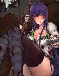 Rule 34 | 1girl, blood, blood on clothes, blood on face, blush, breasts, busujima saeko, cleavage, highres, highschool of the dead, large breasts, long hair, zombie