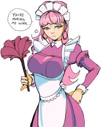 Rule 34 | 1girl, 3amsoda, absurdres, alternate costume, annoyed, apron, breasts, commentary, dress, duster, earrings, english commentary, english text, enmaided, feather duster, female focus, fire emblem, fire emblem: three houses, frown, hair behind ear, hand on own hip, highres, hilda valentine goneril, holding, holding duster, hoop earrings, jewelry, long hair, looking at viewer, maid, maid apron, maid headdress, matching hair/eyes, medium breasts, nintendo, pink dress, pink hair, solo, speech bubble