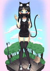 Rule 34 | 1girl, absurdres, animal ear legwear, animal ears, bad id, bad pixiv id, bag, bench, black choker, black dress, black footwear, black hair, black thighhighs, blue eyes, blue sky, blush, cat ear legwear, cat ears, cat girl, cat tail, choker, cloud, collarbone, commentary request, day, dress, earrings, faux figurine, full body, highres, holding strap, jewelry, long hair, mask, mouth mask, original, park bench, pigeon-toed, shirt, shoes, short sleeves, shoulder bag, skindentation, sky, sleeveless, sleeveless dress, solo, standing, surgical mask, tail, teshu, thighhighs, very long hair, white shirt