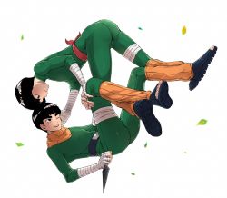 Rule 34 | 10s, 2boys, ass, bad id, bad twitter id, boruto: naruto next generations, father and son, highres, jumpsuit, kunai, leg warmers, male focus, metal lee, multiple boys, naruto, naruto (series), one eye closed, rock lee, sandals, time paradox, weapon