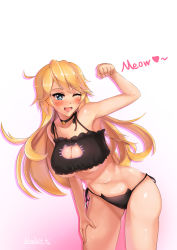 Rule 34 | 10s, 1girl, 2016, ;d, absurdres, ahoge, armpits, artist name, bare arms, bare shoulders, bell, black bra, black panties, blonde hair, blue eyes, blush, bra, breasts, cat ear panties, cat lingerie, choker, cleavage, cleavage cutout, clothing cutout, collarbone, cowboy shot, dated, detached sleeves, english text, fang, frilled bra, frills, gradient background, hand on own thigh, hand on thigh, highres, iowa (kancolle), jingle bell, kantai collection, large breasts, leaning forward, lslee, meme attire, navel, one eye closed, open mouth, panties, shiny skin, side-tie panties, simple background, smile, solo, standing, star-shaped pupils, star (symbol), stomach, symbol-shaped pupils, tareme, tooth, underboob, underwear, underwear only, white background