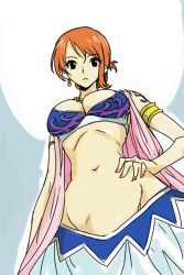 Rule 34 | 1girl, alabasta, arabian clothes, armband, breasts, cleavage, curvy, earrings, female focus, from below, hand on own hip, hip focus, jewelry, long skirt, michael f91, midriff, nami (one piece), navel, one piece, orange hair, short hair, skirt, sleeveless, solo, tattoo