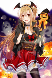 Rule 34 | 1girl, asuna (sao), black choker, black gloves, black thighhighs, bow, breasts, brown hair, choker, cleavage, collarbone, corset, cowboy shot, fang, frilled skirt, frills, full moon, gem, ghost, gloves, hairband, hands up, highres, holding, holding staff, istriri, large breasts, long hair, miniskirt, moon, night, open mouth, orange bow, outdoors, pumpkin, red bow, red skirt, skirt, smile, solo, staff, star (symbol), starry background, sword art online, teeth, thighhighs, tongue, winged hairband