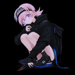 Rule 34 | 1girl, backpack, bag, black background, black footwear, black headband, black hoodie, black shorts, black socks, closed mouth, clothes writing, ear piercing, full body, headband, highres, holding, holding knife, hood, hood down, hoodie, knife, long sleeves, looking at viewer, original, piercing, pink hair, shoes, short shorts, short twintails, shorts, simple background, sneakers, socks, solo, squatting, toxic ghost, twintails