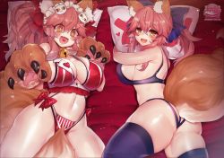 Rule 34 | 2girls, :d, adapted costume, animal ears, animal hands, ass, bell, blush, bow, breasts, bright pupils, cat hair ornament, cleavage, come hither, curvy, fang, fate/extra, fate/grand order, fate (series), fox ears, fox girl, fox tail, gloves, hair bow, hair ornament, heart, heart-shaped pupils, heart in mouth, highres, jingle bell, large breasts, lingerie, long hair, lostroom outfit (fate), maid headdress, multiple girls, navel, neck bell, on bed, open mouth, orange eyes, osiimi, paw gloves, pink hair, ponytail, ringed eyes, sideboob, skin fang, smile, symbol-shaped pupils, tail, tamamo (fate), tamamo cat (fate), tamamo no mae (fate/extra), thick thighs, thighhighs, thighs, twintails, underwear, underwear only, watermark, web address, yes, yes-no pillow