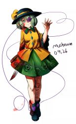 Rule 34 | 1girl, artist name, black headwear, blood, blood on clothes, blood on face, bloody knife, boots, closed mouth, full body, green eyes, green footwear, green hair, green skirt, highres, holding, holding knife, knife, komeiji koishi, long sleeves, mushroom (osh320), shirt, short hair, simple background, skirt, smile, solo, standing, touhou, white background, yellow shirt