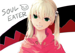 Rule 34 | 1girl, blonde hair, commentary request, eyebrows, female focus, green eyes, grin, hair ornament, long hair, looking at viewer, maij, maka albarn, open mouth, simple background, skull hair ornament, smile, solo, soul eater, sweater, teeth, twintails, upper body, white background