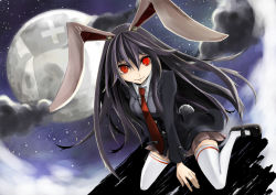 Rule 34 | 1girl, animal ears, black footwear, buttons, cloud, female focus, long hair, moon, necktie, nino (shira), pink skirt, purple hair, rabbit ears, rabbit girl, rabbit tail, red eyes, red necktie, reisen udongein inaba, school uniform, shoes, sitting, skirt, smile, solo, tail, thighhighs, touhou, when you see it, yagokoro