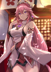Rule 34 | 1girl, absurdres, bare shoulders, blouse, blush, breasts, detached sleeves, genshin impact, hair ornament, highres, hitomin (ksws7544), japanese clothes, jewelry, kimono, large breasts, long hair, looking at viewer, medium breasts, miko, necklace, pendant, pink hair, purple eyes, red skirt, shirt, sideboob, sidelocks, skirt, sleeveless, sleeveless kimono, sleeveless shirt, solo, very long hair, white kimono, white shirt, wide sleeves, yae miko