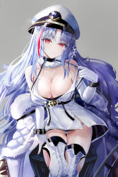 Rule 34 | 1girl, absurdres, age fx, azur lane, bare shoulders, boots, breasts, chain, chinese commentary, cleavage, coat, commentary request, cross-laced footwear, dress, elbow gloves, fur coat, gloves, grey background, hat, highres, large breasts, long hair, looking at viewer, off shoulder, open clothes, open coat, panties, peaked cap, red eyes, simple background, smile, solo, strap pull, tallinn (azur lane), thigh boots, thighhighs, underwear, white dress, white footwear, white gloves, white hair, white hat, white panties, wrist cuffs