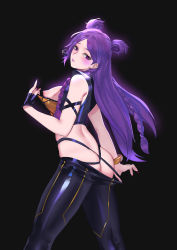 Rule 34 | 1girl, ass, bare shoulders, beagle, black background, black gloves, black pants, blush, braid, breasts, bustier, clothes pull, double bun, fingerless gloves, gloves, headset, highres, k/da (league of legends), k/da kai&#039;sa, kai&#039;sa, league of legends, long hair, looking at viewer, looking back, makeup, medium breasts, nail polish, nipples, pants, pants pull, pd (pdpdlv1), purple eyes, purple hair, purple nails, skindentation, solo, suspenders, tight clothes, tight pants, very long hair