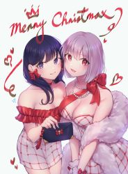 Rule 34 | 10s, 2girls, :d, bad id, bad pixiv id, bag, bare shoulders, blue background, bow, breasts, choker, christmas, cleavage, closed mouth, collarbone, commentary, dress, english commentary, feather boa, gloves, gridman universe, hair between eyes, handbag, heart, holding, holding bag, jewelry, large breasts, long hair, merry christmas, multiple girls, necklace, open mouth, ozzingo, pearl necklace, plaid, plaid dress, purple eyes, purple hair, red bow, red choker, red eyes, shinjou akane, smile, ssss.gridman, takarada rikka, white dress, white gloves