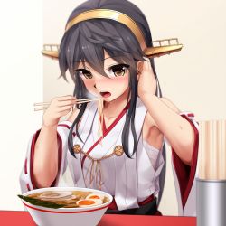 Rule 34 | 10s, 1girl, :o, aiguillette, armpits, bandages, bare shoulders, black hair, blurry, blush, brown eyes, collarbone, cup, depth of field, detached sleeves, eating, egg, eto, eyebrows, food, hand in own hair, hand up, haruna (kancolle), headgear, highres, holding, japanese clothes, kantai collection, kimono, long sleeves, looking at viewer, md5 mismatch, meat, noodles, open mouth, ramen, red ribbon, resized, resolution mismatch, ribbon, ribbon-trimmed sleeves, ribbon trim, sarashi, simple background, sleeveless, sleeveless kimono, solo, soup, source smaller, sweatdrop, upper body, upscaled, wide sleeves, yellow background