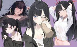 Rule 34 | 1girl, black hair, black jacket, black sweater, blue archive, blush, breasts, camisole, cellphone, collage, collarbone, commentary request, cropped torso, disembodied hand, halo, hand on another&#039;s cheek, hand on another&#039;s face, highres, holding, holding phone, ichika (blue archive), jacket, long hair, looking at viewer, lying, medium breasts, multiple views, navel, on back, phone, ponytail, pov, pov hands, purple background, ryouta (ryouta335), shirt, signature, simple background, stomach, sweater, translation request, tying hair, upper body, very long hair, white camisole, white shirt