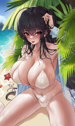 Rule 34 | 1girl, absurdres, ahoge, arm up, azur lane, beach, bikini, black hair, blue sky, blush, breasts, collarbone, covered erect nipples, crossed bangs, dylanlin, hair between eyes, hand in own hair, hand on own chest, highres, huge breasts, long hair, long sleeves, looking at viewer, ocean, official alternate costume, open clothes, open shirt, outdoors, palm leaf, palm tree, red eyes, sand, seashell, see-through, see-through shirt, shell, shirt, side ponytail, sitting, skindentation, sky, solo, starfish, string bikini, swimsuit, taihou (azur lane), taihou (seaside daydreams) (azur lane), thighs, tongue, tongue out, tree, very long hair, water, wet, wet bikini, wet clothes, wet hair, wet swimsuit, white bikini, white shirt