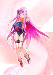 Rule 34 | 1girl, artist name, blush, bodysuit, boots, fate/grand order, fate (series), flower, forehead protector, gauntlets, head wreath, holding, long hair, medusa (fate), medusa (lancer) (fate), medusa (rider) (fate), pink background, purple eyes, purple hair, rider, shoulder pads, smile, solo, square pupils, taa (acid), thighhighs, very long hair