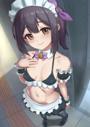 Rule 34 | bikini, black hair, breasts, brown eyes, carbon12th, fate/kaleid liner prisma illya, fate (series), looking at viewer, maid, maid headdress, midriff, miyu edelfelt, smile, swimsuit, thighhighs, twintails