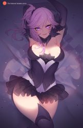 Rule 34 | 1girl, armpits, arms up, black gloves, black skirt, black thighhighs, breasts, cleavage, dark elementalist lux, elbow gloves, elementalist lux, frilled skirt, frills, gloves, large breasts, league of legends, looking at viewer, lux (league of legends), nanoless, patreon username, purple eyes, purple hair, short hair, side ponytail, skirt, solo, thighhighs