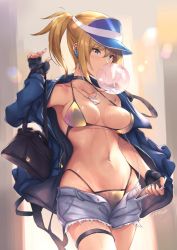 Rule 34 | 1girl, ahoge, artoria pendragon (fate), bag, bikini, blonde hair, blowing bubbles, blue coat, blue eyes, blue hat, breasts, cellphone, choker, cleavage, coat, collarbone, cowboy shot, denim, denim shorts, earphones, fate/grand order, fate (series), fingerless gloves, glasses, gloves, gold bikini, hair between eyes, hat, highleg, highleg bikini, holding, holding bag, holding phone, jewelry, large breasts, light particles, long hair, mysterious heroine x (fate), mysterious heroine xx (fate), navel, necklace, open clothes, open coat, open fly, parfaitlate, phone, ponytail, shorts, sidelocks, signature, smartphone, solo, swimsuit, thigh strap, toned, visor cap, wet, yellow eyes