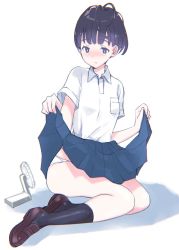 Rule 34 | 1girl, black eyes, black hair, black socks, blue skirt, blush, brown footwear, closed mouth, clothes lift, collared shirt, commentary request, electric fan, fanning self, frown, full body, highres, lifting own clothes, loafers, miniskirt, original, panties, pleated skirt, school uniform, shirt, shoes, short hair, short sleeves, simple background, sitting, skindentation, skirt, skirt lift, socks, solo, umiu (hoge), underwear, white background, white panties, white shirt, wing collar
