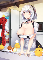 Rule 34 | 2girls, anchor choker, apron, azur lane, bandaid, bandaid on hand, black ribbon, black sailor collar, black skirt, blush, breasts, choker, cleavage, closed mouth, collarbone, crying, frilled apron, frilled choker, frills, hair between eyes, hair ribbon, hairband, highres, honolulu (azur lane), honolulu (umbrella girl) (azur lane), indoors, irohara, kitchen, kitchen knife, lace-trimmed hairband, lace trim, large breasts, long hair, looking at viewer, maid apron, manjuu (azur lane), multiple girls, onion, pleated skirt, puffy short sleeves, puffy sleeves, red eyes, red hair, ribbon, sailor collar, school uniform, serafuku, shirt, short hair, short sleeves, sirius (azur lane), skirt, tears, twintails, very long hair, waist apron, white apron, white hair, white shirt