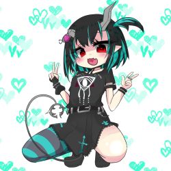 Rule 34 | 1girl, :d, black dress, black footwear, black hair, black thighhighs, blue hair, blush, commentary request, cross print, demon girl, demon horns, demon tail, double v, dress, eye hair ornament, eye of providence, flat chest, full body, gomipanda, grey thighhighs, heart, heart-shaped pupils, heart background, heart in mouth, highres, horns, jewelry, lace, lace-trimmed dress, lace trim, looking at viewer, medium hair, multicolored hair, nanashi inc., official alternate costume, one side up, open mouth, pointy ears, red eyes, ring, shishio chris, shishio chris (3rd costume), shoes, short sleeves, single thighhigh, smile, sneakers, solo, squatting, sugar lyric, symbol-shaped pupils, tail, thighhighs, two-tone hair, v, virtual youtuber, white background