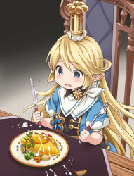 Rule 34 | 10s, 1girl, blonde hair, blue eyes, blush, broccoli, carrot, chair, charlotta (granblue fantasy), commentary request, crown, cum, cum on food, empty eyes, food, fork, granblue fantasy, harvin, knife, long hair, mini flag, omelet, omurice, open mouth, plate, pointy ears, puffy short sleeves, puffy sleeves, short sleeves, sitting, solo, suggestive fluid, table, very long hair, youkan