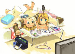 Rule 34 | 1boy, 1girl, bad id, bad pixiv id, barefoot, bed, blonde hair, blue eyes, brother and sister, cellphone, clock, clothes hanger, controller, detached sleeves, hair ornament, hairclip, headset, kagamine len, kagamine rin, lying, phone, remote control, ribbon, short hair, siblings, sopra, twins, vocaloid