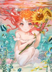 Rule 34 | 1girl, bare shoulders, blurry, blush, breasts, cleavage, collarbone, damselfish, day, depth of field, fish, flower, full body, highres, holding, holding flower, kinty, long hair, looking at viewer, medium breasts, orange eyes, orange hair, original, outdoors, sleeveless, solo, submerged, sunflower, tropical fish, water