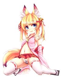 Rule 34 | 1girl, :3, absurdres, animal ears, bad feet, bad id, bad pixiv id, bell, blonde hair, blue eyes, detached sleeves, fox ears, fox tail, hair ornament, hairclip, highres, jingle bell, kemomimi oukoku kokuei housou, kneeling, long hair, maebari, microskirt, mikoko (kemomimi oukoku kokuei housou), miniskirt, navel, no panties, open clothes, open shirt, pink shirt, red skirt, ribbon, shirt, skirt, smile, solo, spread legs, tail, thighhighs, twintails, virtual youtuber, white thighhighs