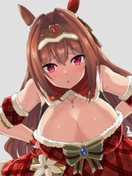 Rule 34 | 1girl, animal ears, bare shoulders, blush, bow, bowtie, breasts, brown hair, cleavage, daiwa scarlet (scarlet nuit etoile) (umamusume), daiwa scarlet (umamusume), detached collar, dress, edobox, fur-trimmed dress, fur trim, gloves, green bow, green bowtie, hair intakes, hands on own hips, horse ears, horse girl, large breasts, leaning forward, long hair, looking at viewer, official alternate costume, open mouth, red dress, red eyes, red gloves, solo, tiara, umamusume, very long hair
