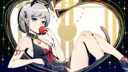 Rule 34 | animal ears, apple, bell, black bow, black dress, blue eyes, bow, breasts, cat ears, cat tail, cleavage, dress, food, fruit, grey hair, holding, holding food, holding fruit, jingle bell, kyousin, otogi resurrection, red bow, red ribbon, ribbon, short hair, sitting, small breasts, solo, tail, virtual youtuber, yukihime ringo