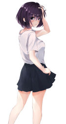 Rule 34 | 1girl, absurdres, artist request, ayakashi triangle, black skirt, hand in own hair, hand on own hip, highres, kanade suzu, looking at viewer, looking back, purple eyes, purple hair, shirt, short hair, simple background, skirt, solo, source request, standing, white background, white shirt