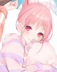 Rule 34 | 1girl, a20 (atsumaru), bow, brown hair, closed mouth, commentary request, copyright request, frilled pillow, frills, hair bow, hair bun, hand up, hood, hood down, hooded jacket, hugging object, jacket, long sleeves, pastel palettes (bang dream!), pillow, pillow hug, pink bow, pink hair, red eyes, sidelocks, simple background, single hair bun, sleeves past wrists, smile, solo focus, striped clothes, striped jacket, white background
