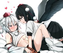 Rule 34 | 2girls, bare legs, black hair, black legwear, black skirt, black wings, blouse, blush, breasts, commentary request, deadrising0630, detached sleeves, eye contact, feathered wings, grabbing, grabbing another&#039;s breast, hair between eyes, hat, heart, inubashiri momiji, looking at another, medium breasts, miniskirt, multiple girls, pointy ears, pom pom (clothes), red hat, shameimaru aya, shirt, short hair, silver hair, simple background, skirt, smile, socks, thighhighs, tokin hat, touhou, white background, white legwear, white shirt, wings, yuri