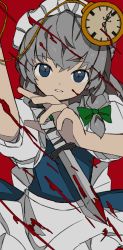 Rule 34 | 1girl, absurdres, apron, arm up, between fingers, blood, blood splatter, blue dress, blue eyes, bow, braid, breasts, clock, commentary request, dress, green bow, grey hair, hair bow, highres, holding, izayoi sakuya, knife, looking at viewer, maid, maid headdress, medium hair, neruzou, parted lips, puffy short sleeves, puffy sleeves, red pupils, short hair, short sleeves, small breasts, solo, touhou, twin braids, upper body, waist apron, waist bow